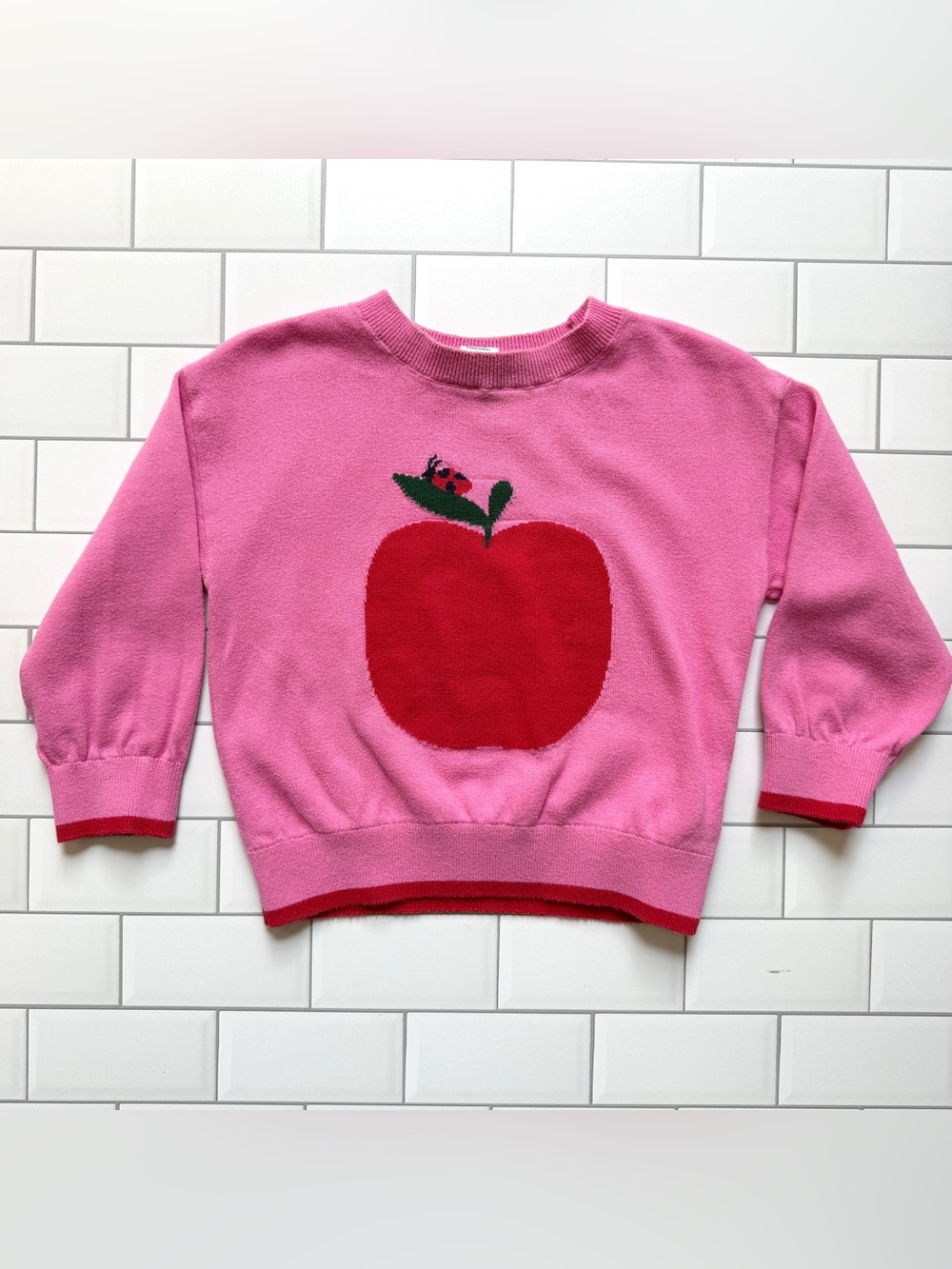 18-24M🍎 Baby GAP Pink Red Apple Ladybug Intarsia Cotton Crewneck Sweater